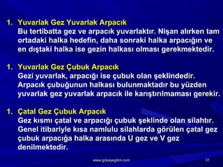 1. Yuvarlak Gez Yuvarlak Arpacık
Bu tertibatta gez ve arpacık yuvarlaktır. Nişan alırken tam
ortadaki halka hedefin, daha sonraki halka arpacığın ve
en dıştaki halka ise gezin halkası olması gerekmektedir.
1. Yuvarlak Gez Çubuk Arpacık
Gezi yuvarlak, arpacığı ise çubuk olan şeklindedir.
Arpacık çubuğunun halkası bulunmaktadır bu yüzden
yuvarlak gez yuvarlak arpacık ile karıştırılmaması gerekir.
1. Çatal Gez Çubuk Arpacık
Gez kısmı çatal ve arpacığı çubuk şeklinde olan silahtır.
Genel itibariyle kısa namlulu silahlarda görülen çatal gez
çubuk arpacığa halka arasında U gez ve V gez
denilmektedir.
3131www.gokayegitim.comwww.gokayegitim.com
 