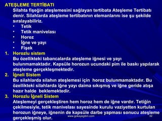 ATEŞLEME TERTİBATI
Silahta fişeğin ateşlemesini sağlayan tertibata Ateşleme Tertibatı
denir. Silahlarda ateşleme tertibatının elemanlarını ise şu şekilde
sıralayabiliriz.
• Tetik
• Tetik manivelası
• Horoz
• İğne ve yayı
• Fişek
1. Horozlu sistem
Bu özellikteki tabancalarda ateşleme iğnesi ve yayı
bulunmamaktadır. Kapsüle horozun ucundaki pim ile baskı yapılarak
ateşleme gerçekleşmektedir.
2. İğneli Sistem
Bu silahlarda silahın ateşlemesi için horoz bulunmamaktadır. Bu
özellikteki silahlarda iğne yayı daima sıkışmış ve iğne geride atışa
hazır halde beklemektedir.
3. Horozlu İğneli Sistem
Ateşlemeyi gerçekleştiren hem horoz hem de iğne vardır. Tetiğin
çekilmesiyle, tetik manivelası sayesinde kurulu vaziyetten kurtulan
horozun iğneye, iğnenin de kapsüle darbe yapması sonucu ateşleme
gerçekleşmiş olur.
3232www.gokayegitim.comwww.gokayegitim.com
 
