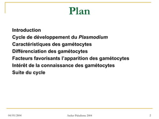 Plan
   Introduction
   Cycle de développement du Plasmodium
   Caractéristiques des gamétocytes
   Différenciation des gamétocytes
   Facteurs favorisants l’apparition des gamétocytes
   Intérêt de la connaissance des gamétocytes
   Suite du cycle




04/05/2004               Atelier Paludisme 2004        2
 