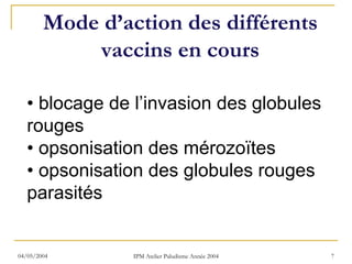 Mode d’action des différents
            vaccins en cours

   • blocage de l’invasion des globules
   rouges
   • opsonisation des mérozoïtes
   • opsonisation des globules rouges
   parasités


04/05/2004       IPM Atelier Paludisme Année 2004   7
 