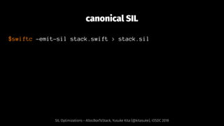 canonical SIL
$swiftc -emit-sil stack.swift > stack.sil
SIL Optimizations - AllocBoxToStack, Yusuke Kita (@kitasuke), iOSDC 2018
 
