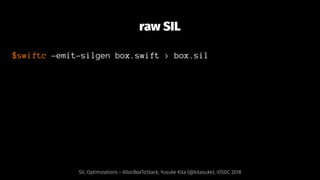 raw SIL
$swiftc -emit-silgen box.swift > box.sil
SIL Optimizations - AllocBoxToStack, Yusuke Kita (@kitasuke), iOSDC 2018
 