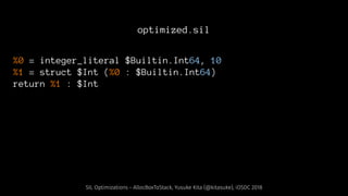optimized.sil
%0 = integer_literal $Builtin.Int64, 10
%1 = struct $Int (%0 : $Builtin.Int64)
return %1 : $Int
SIL Optimizations - AllocBoxToStack, Yusuke Kita (@kitasuke), iOSDC 2018
 