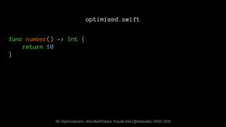 optimized.swift
func number() -> Int {
return 10
}
SIL Optimizations - AllocBoxToStack, Yusuke Kita (@kitasuke), iOSDC 2018
 