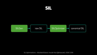 SIL
SIL Optimizations - AllocBoxToStack, Yusuke Kita (@kitasuke), iOSDC 2018
 