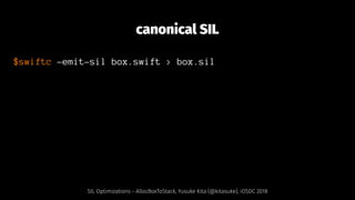 canonical SIL
$swiftc -emit-sil box.swift > box.sil
SIL Optimizations - AllocBoxToStack, Yusuke Kita (@kitasuke), iOSDC 20...