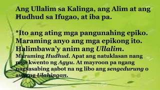 Ang Ullalim sa Kalinga, ang Alim at ang
Hudhud sa Ifugao, at iba pa.
*Ito ang ating mga pangunahing epiko.
Maraming anyo ang mga epikong ito.
Halimbawa’y anim ang Ullalim.
Maraming Hudhud. Apat ang natuklasan nang
mga kwento ng Agyu. At mayroon pa ngang
nagsasabing aabot na ng libo ang sengedurung o
awit ng Ulahingan.
 