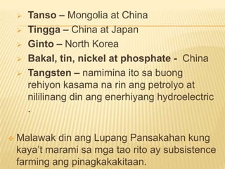  Tanso – Mongolia at China
 Tingga – China at Japan
 Ginto – North Korea
 Bakal, tin, nickel at phosphate - China
 Tangsten – namimina ito sa buong
rehiyon kasama na rin ang petrolyo at
nililinang din ang enerhiyang hydroelectric
.
 Malawak din ang Lupang Pansakahan kung
kaya’t marami sa mga tao rito ay subsistence
farming ang pinagkakakitaan.
 