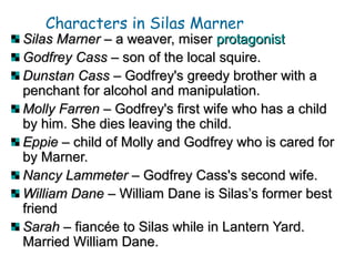 Silas MarnerSilas Marner – a weaver, miser– a weaver, miser protagonistprotagonist
Godfrey CassGodfrey Cass – son of the local squire.– son of the local squire.
Dunstan CassDunstan Cass – Godfrey's greedy brother with a– Godfrey's greedy brother with a
penchant for alcohol and manipulation.penchant for alcohol and manipulation.
Molly FarrenMolly Farren – Godfrey's first wife who has a child– Godfrey's first wife who has a child
by him. She dies leaving the child.by him. She dies leaving the child.
EppieEppie – child of Molly and Godfrey who is cared for– child of Molly and Godfrey who is cared for
by Marner.by Marner.
Nancy LammeterNancy Lammeter – Godfrey Cass's second wife.– Godfrey Cass's second wife.
William DaneWilliam Dane – William Dane is Silas’s former best– William Dane is Silas’s former best
friendfriend
SarahSarah – fiancée to Silas while in Lantern Yard.– fiancée to Silas while in Lantern Yard.
Married William Dane.Married William Dane.
Characters in Silas Marner
 