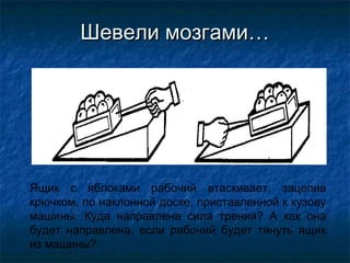 Шевели мозгами…




Ящик с яблоками рабочий втаскивает, зацепив
крючком, по наклонной доске, приставленной к кузову
машины. Куда направлена сила трения? А как она
будет направлена, если рабочий будет тянуть ящик
из машины?
 
