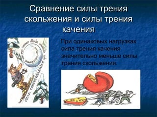 Сравнение силы трения
скольжения и силы трения
        качения
       При одинаковых нагрузках
       сила трения качения
       значительно меньше силы
       трения скольжения.
 