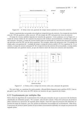 escalonamento de CPU • 105
tempo de processamento = 10
0 10
0 6 10
qiiíintum
12
trocas de
contexto
0
0 1 2 3 4 5 6 7 8 9 1 0
Figura 6.4 A forma como um quantum de tempo menor aumenta as trocas de contexto.
Assim, o quantum deve ser grande com relação ao tempo de troca de contexto. Se o tempo de troca for de
cerca de 10% do quantum, então cerca de 10% do tempo da CPU será gasto em troca de contexto.
O tempo de retorno também depende do tamanho do quantum. Como podemos ver na Figura 6.5, o
tempo de retorno médio de um conjunto de processos não melhora necessariamente à medida que o quan-
tum aumenta. Em gerai, o tempo de retorno médio pode ser melhorado se a maioria dos processos terminar
seu próximo surto de CPU em um único quantum. Por exemplo, dados três processos com 10 unidades de
tempo cada e um quantum de 1 unidade de tempo, o tempo de retorno médio é 29. Se o quantum for 10, no
entanto, o tempo de retorno cairá para 20. Se o tempo de troca de contexto for acrescentado, o tempo médio
aumentará para um quantum menor, já que um número maior de trocas de contexto será necessário.
_
H
i 1—
Processo
Pi
Pt
P4
Tempo
6
3
1
7
12.5
12,0
o ".5
t 11,0
o
E
a
| 10.0
S 9.5
9.0
1 2 3 4 5 6 7
Quantum de tempo
Figura 6.5 A forma como o tempo de retorno varia com a duração do quantum.
Por outro lado, se o quantum for muito grande, o Round-Robin degenera para a política FCFS. Uma re-
gra geral é que 80% dos surtos de CPU devem ser menores do que o quantum de tempo.
6.3.5 Escalonamento por múltiplas filas
Outra classe de algoritmos de escalonamento foi criada para situações em que os processos são facilmente
classificados em diferentes grupos. Por exemplo, uma divisão comum é feita entre processos de primeiro
plano (interativos) e processos de segundo plano (batch). Esses dois tipos de processos têm diferentes re-
quisitos de tempo de resposta c, por isso, podem ter diferentes necessidades de escalonamento. Além disso,
os processos de primeiro plano podem ter prioridade (externamente definida) em relação aos processos de
segundo plano.
 