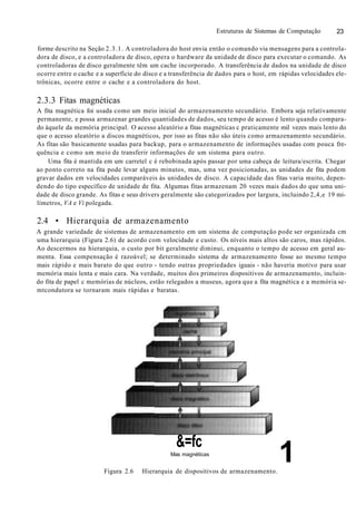 Estruturas de Sistemas de Computação 23
forme descrito na Seção 2.3.1. A controladora do host envia então o comando via mensagens para a controla-
dora de disco, e a controladora de disco, opera o hardware da unidade de disco para executar o comando. As
controladoras de disco geralmente têm um cache incorporado. A transferência de dados na unidade de disco
ocorre entre o cache e a superfície do disco e a transferência de dados para o host, em rápidas velocidades ele-
trônicas, ocorre entre o cache e a controladora do host.
2.3.3 Fitas magnéticas
A fita magnética foi usada como um meio inicial do armazenamento secundário. Embora seja relativamente
permanente, e possa armazenar grandes quantidades de dados, seu tempo de acesso é lento quando compara-
do àquele da memória principal. O acesso aleatório a fitas magnéticas c praticamente mil vezes mais lento do
que o acesso aleatório a discos magnéticos, por isso as fitas não são úteis como armazenamento secundário.
As fitas são basicamente usadas para backup, para o armazenamento de informações usadas com pouca fre-
quência e como um meio de transferir informações de um sistema para outro.
Uma fita é mantida em um carretel c é rebobinada após passar por uma cabeça de leitura/escrita. Chegar
ao ponto correto na fita pode levar alguns minutos, mas, uma vez posicionadas, as unidades de fita podem
gravar dados em velocidades comparáveis às unidades de disco. A capacidade das fitas varia muito, depen-
dendo do tipo específico de unidade de fita. Algumas fitas armazenam 20 vezes mais dados do que uma uni-
dade de disco grande. As fitas e seus drivers geralmente são categorizados por largura, incluindo 2,4,e 19 mi-
límetros, VA e Vi polegada.
2.4 • Hierarquia de armazenamento
A grande variedade de sistemas de armazenamento em um sistema de computação pode ser organizada cm
uma hierarquia (Figura 2.6) de acordo com velocidade e custo. Os níveis mais altos são caros, mas rápidos.
Ao descermos na hierarquia, o custo por bit geralmente diminui, enquanto o tempo de acesso em geral au-
menta. Essa compensação é razoável; se determinado sistema de armazenamento fosse ao mesmo tempo
mais rápido e mais barato do que outro - tendo outras propriedades iguais - não haveria motivo para usar
memória mais lenta e mais cara. Na verdade, muitos dos primeiros dispositivos de armazenamento, incluin-
do fita de papel c memórias de núcleos, estão relegados a museus, agora que a fita magnética e a memória se-
mtcondutora se tornaram mais rápidas e baratas.
&=fc
Mas magnéticas
1Figura 2.6 Hierarquia de dispositivos de armazenamento.
 