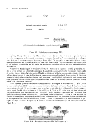 50 • Sistemas Operacionais
aplicação BpKagfto •ptagio
inierlace de programação de aplicações 0>rtBnsão cie Afl
subsistema •uWHtm subsistema
- IMMM • gerência de memOria
- aiocaçâo do tareias
• gerência de dispositivos
drttferde dlsposiWo Idriver de dispo&tivo 1 drlvorde dispositivolldrlverde
Figura 3.9 Estrutura em camadas do OS/2.
A principal função do microkernel é fornecer um recurso de comunicação entre o programa cliente e
os vários serviços que também estão em execução no espaço de usuário. A comunicação é fornecida por
meio de troca de mensagens, como descrito na Seção 3.3.5. Por exemplo, se o programa cliente desejar
acessar um arquivo, ele deverá interagir com o servidor de arquivos. O programa cliente e o serviço nun-
ca vão interagir diretamente. Km vez disso, eles se comunicam indiretamente trocando mensagens com o
microkernel.
Os benefícios da abordagem do microkernel incluem a facilidade de expandir o sistema operacional. To-
dos os novos serviços são adicionados ao espaço de usuário c, consequentemente, não exigem modificação
do kernel. Quando o kernel precisa ser modificado, as alterações tendem a ser menores, porque o microker-
nel í um kernel menor. K mais fácil transporrar o sistema operacional resultante de um projeto de hardware
para outro. O microkernel também fornece mais segurança c confiabilidade, pois a maior parte dos serviços
estão sendo executados como processos de usuário, em vez de kernel. Sc um serviço falhar, o resto do sistema
operacional permanece inalterado.
Vários sistemas operacionais contemporâneos usaram a abordagem de microkernels. O UNIX Digital
fornece uma interface UNIX com o usuário, mas é implementado com um kernel Mach. O Mach mapcia as
chamadas ao sistema UNIX em mensagens para os serviços apropriados de nível de usuário. O sistema opera-
cional Apple MacOS X Server bascia-se no kernel Mach. O Windows NT utiliza uma estrutura híbrida. Já
mencionamos que parte da arquitetura do Windows NT utiliza camadas. O Windows NT é projetado para
executar várias aplicações, incluindo Win32 (aplicações nativas do Windows), OS/2 e POSIX. Fornece um
servidor que executa no espaço de usuário para cada tipo de aplicação. Os programas cliente para cada tipo
de aplicação também executam no espaço de usuário. O kernel coordena a troca de mensagens entre as apli-
cações cliente e servidores de aplicação. A estrutura cliente-servidor do Windows NT está representada na
Figura 3.10.
Figura 3.10 Estrutura cliente-servidor do Windows NT.
 
