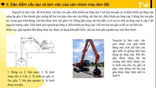 5. Ðặc điểm cấu tạo và làm việc của các nhóm máy làm đất
Nguyên lý làm việc: để tích được vật liệu vào gầu, điều khiển pa lăng cáp 3 mở hai má gầu ra và điều khiển pa lăng cáp
nâng hạ gầu 4 thả nhanh gầu xuống để hai má gầu cắm sâu vào đống vật liệu (a). điều khiển pa lăng cáp 3 đóng hai má gầu
lại, trong quá trình đóng, vật liệu được tích vào gầu ( b). Nâng gầu cùng vật liệu đến vị trí xả (c) nhờ pa lăng cáp 4, cáp 3 để
nguyên (trùng cáp). Tiến hành giữ nguyên pa lăng 4, điều khiển pa lăng cáp 3 để mở hai má gầu ra để xả vật liệu (d).
Hiện nay, gầu ngoặm dẫn động thủy lực được sử dụng khá phổ biến. cấu tạo loại gầu ngoặm này cho theo hình:
1. Động cơ; 2. Sàn quay; 3. Xi lanh
nâng cần; 4. Cần; 5. Xi lanh tay gầu; 6.
Tay gầu; 7. Má gầu ngoặm; 8. Xi lanh
đóng mở gầu.
Nguyên lý làm việc: các
giai đoạn của quá trình
đóng mở, tích vật liệu vào
gầu diễn ra giống như loại
dùng pa lăng cáp. Khi đó,
gầu được nâng lên hạ
xuống nhờ điều khiển các
xi lanh của cần, tay gầu và
gầu, việc đóng mở hai má
gầu được thực hiện nhờ xi
lanh 8
 