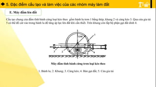 5. Ðặc điểm cấu tạo và làm việc của các nhóm máy làm đất
E. Máy đầm lèn đất
Cấu tạo chung của đầm tĩnh bánh cứng loại kéo theo gồm bánh lu trơn 1 bằng thép, khung 2 và càng kéo 3. Qua cửa gia tải
5 có thể đổ cát vào trong bánh lu để tăng áp lực lên đất khi cần thiết. Trên khung còn lắp bộ phận gạt đất dính 4.
Máy đầm tĩnh bánh cứng trơn loại kéo theo
1. Bánh lu; 2. Khung; 3. Càng kéo; 4. Bàn gạt đất; 5. Cửa gia tải
 