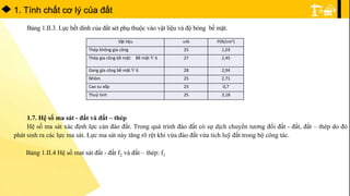 1. Tính chất cơ lý của đất
Bảng 1.II.3. Lực bết dính của đất sét phụ thuộc vào vật liệu và độ bóng bề mặt.
Vật liệu % P(N/cm2)
Thép không gia công 25 1,03
Thép gia công bề mặt: Bề mặt  6 27 2,45
Gang gia công bề mặt  6 28 2,94
Nhôm 25 2,71
Cao su xốp 25 0,7
Thuỷ tinh 25 3,18
1.7. Hệ số ma sát - đất và đất – thép
Hệ số ma sát xác định lực cản đào đất. Trong quá trình đào đất có sự dịch chuyển tương đối đất - đất, đất – thép do đó
phát sinh ra các lực ma sát. Lực ma sát này tăng rõ rệt khi vừa đào đất vừa tích luỹ đất trong bộ công tác.
Bảng 1.II.4 Hệ số mat sát đất - đất f2 và đất – thép: f1
 