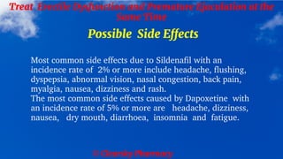 © Clearsky Pharmacy
Treat Erectile Dysfunction and Premature Ejaculation at the
Same Time
Possible Side Effects
Most common side effects due to Sildenafil with an
incidence rate of 2% or more include headache, flushing,
dyspepsia, abnormal vision, nasal congestion, back pain,
myalgia, nausea, dizziness and rash.
The most common side effects caused by Dapoxetine with
an incidence rate of 5% or more are headache, dizziness,
nausea, dry mouth, diarrhoea, insomnia and fatigue.
 