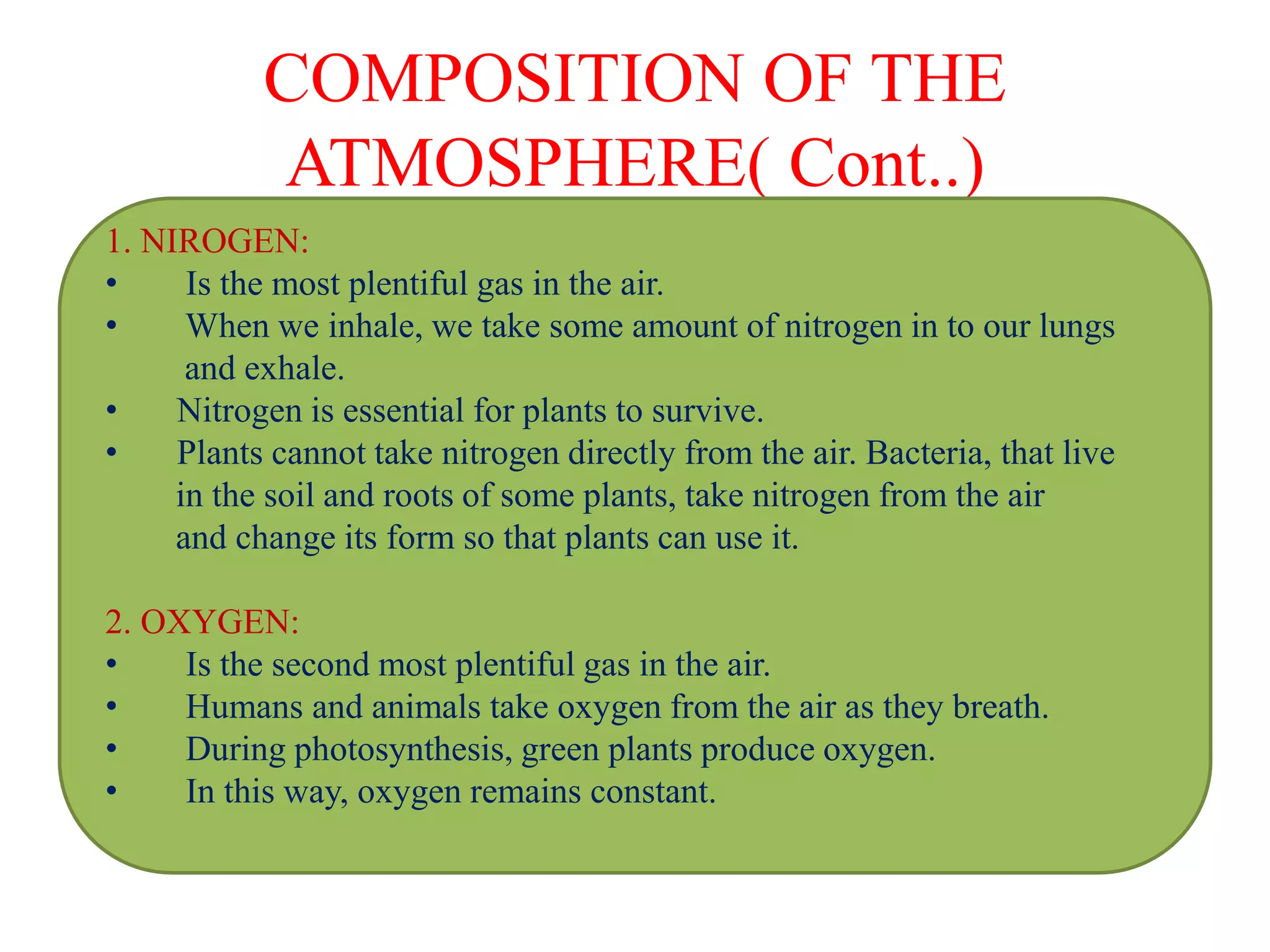COMPOSITION OF THE
ATMOSPHERE( Cont..)
1. NIROGEN:
• Is the most plentiful gas in the air.
• When we inhale, we take some amount of nitrogen in to our lungs
and exhale.
• Nitrogen is essential for plants to survive.
• Plants cannot take nitrogen directly from the air. Bacteria, that live
in the soil and roots of some plants, take nitrogen from the air
and change its form so that plants can use it.
2. OXYGEN:
• Is the second most plentiful gas in the air.
• Humans and animals take oxygen from the air as they breath.
• During photosynthesis, green plants produce oxygen.
• In this way, oxygen remains constant.
 