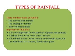 TYPES OF RAINFALL
There are three types of rainfall:
~ The convectional rainfall
~ The orographic rainfall
~ The cyclonic rainfall
Importance of Rainfall:
 It is very important for the survival of plants and animals.
 It brings fresh water to the earth’s surface.
 If it rainfall is less- water scarcity and drought occur. On
the other hand if it is more, floods takes place
 