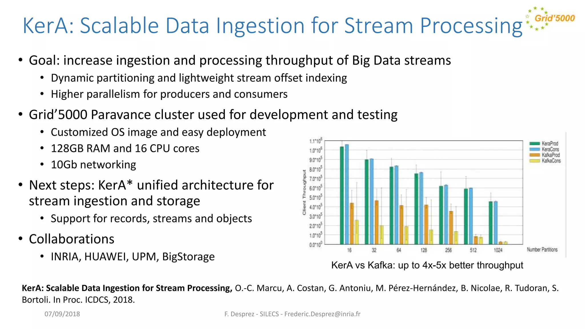 KerA: Scalable Data Ingestion for Stream Processing
• Goal: increase ingestion and processing throughput of Big Data streams
• Dynamic partitioning and lightweight stream offset indexing
• Higher parallelism for producers and consumers
• Grid’5000 Paravance cluster used for development and testing
• Customized OS image and easy deployment
• 128GB RAM and 16 CPU cores
• 10Gb networking
• Next steps: KerA* unified architecture for
stream ingestion and storage
• Support for records, streams and objects
• Collaborations
• INRIA, HUAWEI, UPM, BigStorage
F. Desprez - SILECS - Frederic.Desprez@inria.fr
KerA: Scalable Data Ingestion for Stream Processing, O.-C. Marcu, A. Costan, G. Antoniu, M. Pérez-Hernández, B. Nicolae, R. Tudoran, S.
Bortoli. In Proc. ICDCS, 2018.
KerA vs Kafka: up to 4x-5x better throughput
07/09/2018
 