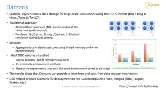 Damaris
• Scalable, asynchronous data storage for large-scale simulations using the HDF5 format (HDF5 blog at
https://goo.gl/7A4cZh)
• Traditional approach
• All simulation processes (10K+) write on disk at the
same time synchronously
• Problems: 1) I/O jitter, 2) long I/O phase, 3) Blocked
simulation during data writing
• Solution
• Aggregate data in dedicated cores using shared memory and write
asynchronously
• Grid’5000 used as a testbed
– Access to many (1024) homogeneous cores
– Customizable environment and tools
– Repeat the experiments later with the same environment saved as an image
• The results show that Damaris can provide a jitter-free and wait-free data storage mechanism
• G5K helped prepare Damaris for deployment on top supercomputers (Titan, Pangea (Total), Jaguar,
Kraken, etc.)
F. Desprez - SILECS - Frederic.Desprez@inria.fr
…
https://project.inria.fr/damaris/07/09/2018
 