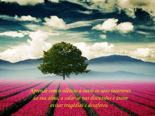 Aprende com o silêncio a ouvir os sons interiores
da sua alma, a calar-se nas discussões e assim
evitar tragédias e desafetos.
 