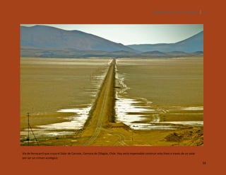 SILENCIOS DE EL LOA. OLLAGÜE. 59

Vía de ferrocarril que cruza el Salar de Carcote, Comuna de Ollagüe, Chile. Hoy sería impensable construir esta línea a través de un salar
por ser un crimen ecológico
59

 