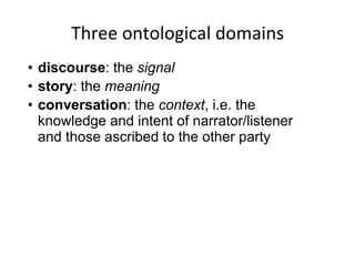Three ontological domains
• discourse: the signal
• story: the meaning
• conversation: the context, i.e. the
knowledge and intent of narrator/listener
and those ascribed to the other party
 