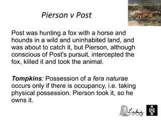Pierson v Post
Post was hunting a fox with a horse and
hounds in a wild and uninhabited land, and
was about to catch it, but Pierson, although
conscious of Post's pursuit, intercepted the
fox, killed it and took the animal.
Tompkins: Possession of a fera naturae
occurs only if there is occupancy, i.e. taking
physical possession. Pierson took it, so he
owns it.
 