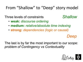 Three levels of constraints
• weak: discourse ordering
• medium: relative/absolute time indexing
• strong: dependencies (logic or causal)
The last is by far the most important to our scope:
problem of Contingency vs Contextuality
Shallow
Deep
From “Shallow” to “Deep” story model
 