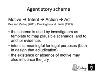 Agent story scheme
Motive  Intent  Action  Act
Bex and Verheij (2011), Pennington and Hastie (1993)
• the scheme is used by investigators as
template to map plausible scenarios, and to
anchor evidence.
• intent is meaningful for legal purposes (both
in design that adjudication)
• the existence or absence of motive may
also influence the jury
 