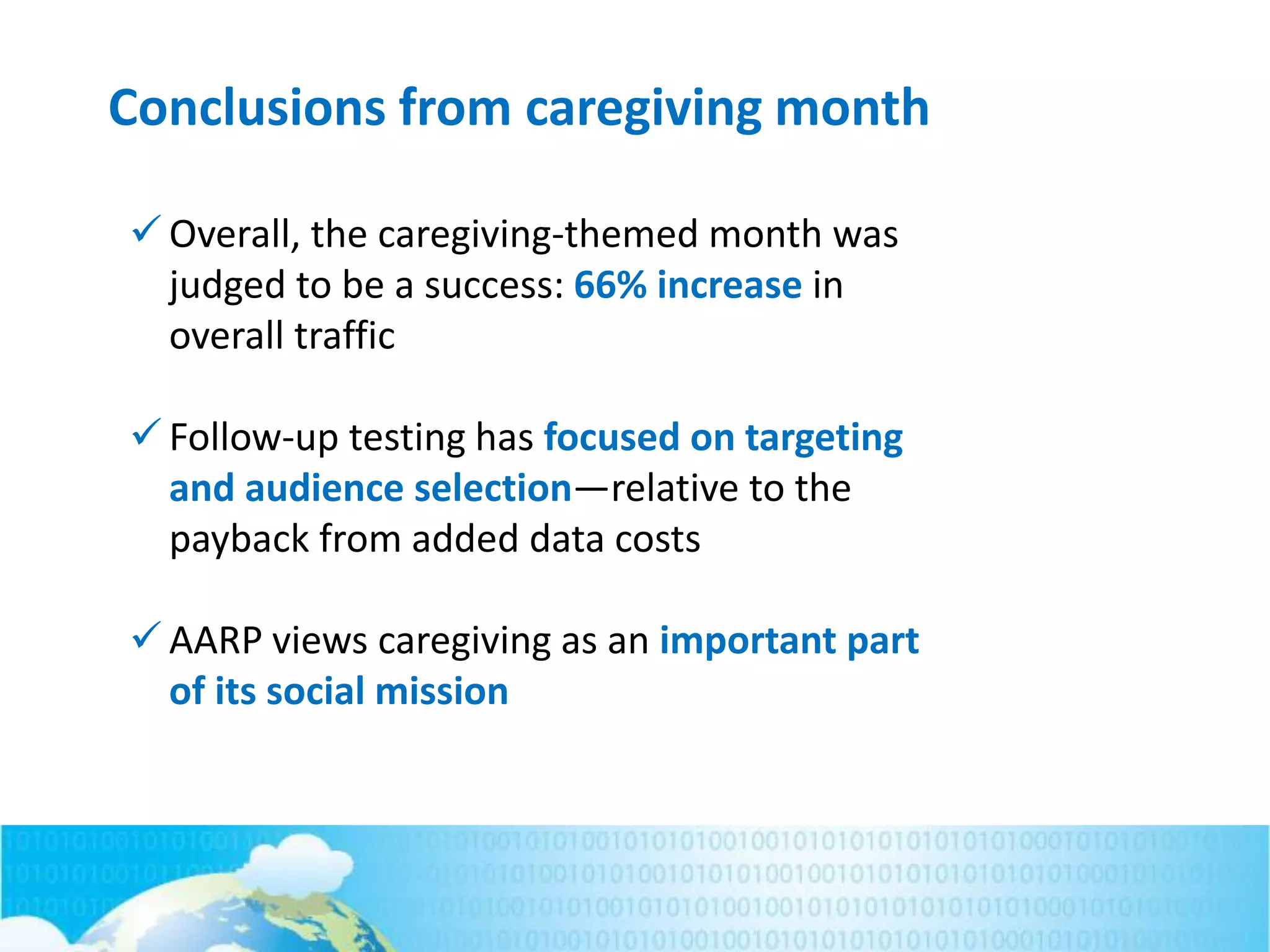 Conclusions from caregiving month
 Overall, the caregiving-themed month was
judged to be a success: 66% increase in
overall traffic
 Follow-up testing has focused on targeting
and audience selection—relative to the
payback from added data costs
 AARP views caregiving as an important part
of its social mission
 