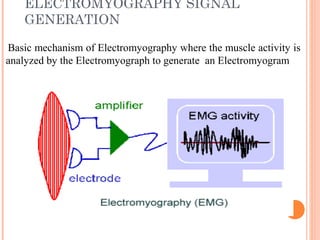 ELECTROMYOGRAPHY SIGNAL
GENERATION
Basic mechanism of Electromyography where the muscle activity is
analyzed by the Electromyograph to generate an Electromyogram
 