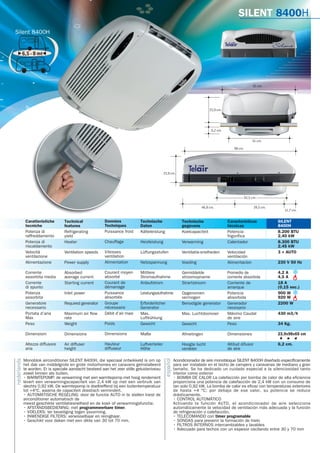 Caratteristiche
tecniche
Potenza di
raffreddamento
Potenza di
riscaldamento
Velocità
ventilazione
Alimentazione
Corrente
assorbita media
Corrente
di spunto
Potenza
assorbita
Generatore
necessario
Portata d’aria
Max
Peso
Dimensioni
Altezza diffusore
aria
Technical
features
Refrigerating
yield
Heater
Ventilation speeds
Power supply
Absorbed
average current
Starting current
Inlet power
Required generator
Maximum air flow
rate
Weight
Dimensions
Air diffuser
height
Données
Techniques
Puissance froid
Chauffage
Vitesses
ventilation
Alimentation
Courant moyen
absorbé
Courant de
démarrage
Puissance
absorbée
Groupe
nécessaire
Débit d’air maxi
Poids
Dimensions
Hauteur
diffuseur
Technische
Daten
Kälteleistung
Heizleistung
Lüftungsstufen
Netzspannung
Mittlere
Stromaufnahme
Anlaufstrom
Leistungsaufnahme
Erforderlicher
Generator
Max.
Luftkühlung
Gewicht
Maße
Luftverteiler
Höhe
Technische
gegevens
Koelcapaciteit
Verwarming
Ventilatie-snelheden
Voeding
Gemiddelde
stroomopname
Strartstroom
Opgenomen
vermogen
Benodigde generator
Max. Luchtdoorvoer
Gewicht
Afmetingen
Hoogte lucht
verdeler
Características
técnicas
Potencia
frigorífica
Calentador
Velocidad
ventilación
Alimentacíon
Promedio de
corriente absorbida
Corriente de
arranque
Potencia
absorbida
Generador
necesario
Máximo Caudal
de aire
Peso
Dimensiones
Altitud difusor
de aire
SILENT
8400H
8.200 BTU
2,40 kW
8.300 BTU
2,45 kW
3 + AUTO
230 V 50 Hz
4,2 A
4,5 A
18 A
(0,15 sec.)
900 W
920 W
2200 W
430 m3/h
34 Kg.
23,9x98x65 cm
6,2 cm.
Monoblok airconditioner SILENT 8400H, die speciaal ontwikkeld is om op
het dak van middelgrote en grote motorhomes en caravans geïnstalleerd
te worden. Er is speciale aandacht besteed aan het zeer stille geluidsniveau
zowel binnen als buiten.
• WARMTEPOMP: de verwarming met een warmtepomp met hoog rendement
levert een verwarmingscapaciteit van 2,4 kW op met een verbruik van
slechts 0,92 kW. De warmtepomp is doeltreffend bij een buitentemperatuur
tot +4°C, waarna de capaciteit drastisch vermindert.
• AUTOMATISCHE REGELING: door de functie AUTO in te stellen kiest de
airconditioner automatisch de
meest geschikte ventilatiesnelheid en de koel- of verwarmingsfunctie.
• AFSTANDSBEDIENING: met programmeerbare timer.
• VOELERS: ter beveiliging tegen ijsvorming.
• INWENDIGE FILTERS: verwisselbaar en reinigbaar.
• Geschikt voor daken met een dikte van 30 tot 70 mm.
Acondicionador de aire monobloque SILENT 8400H diseñado específicamente
para ser instalado en el techo de campers y caravanas de mediano y gran
tamaño. Se ha dedicado un cuidado especial a la silenciosidad tanto
interior como exterior
• BOMBA DE CALOR La calefacción por bomba de calor de alta eficiencia
proporciona una potencia de calefacción de 2,4 kW con un consumo de
tan solo 0,92 kW. La bomba de calor es eficaz con temperaturas exteriores
de hasta +4 °C; por debajo de ese valor, su potencia se reduce
drásticamente.
• CONTROL AUTOMÁTICO
Activando la función AUTO, el acondicionador de aire selecciona
automáticamente la velocidad de ventilación más adecuada y la función
de refrigeración o calefacción.
• TELECOMANDO con timer programable
• SONDAS para prevenir la formación de hielo
• FILTROS INTERNOS intercambiables y lavables
• Adecuado para techos con un espesor oscilando entre 30 y 70 mm
español
nederlands
SILENT 8400H
6,5-8mt
Silent 8400H
23,9 cm.
52,5 cm.
98 cm.
46,8 cm. 39,5 cm.
11,7 cm.
6,2 cm.
65 cm.
51 cm.
23,9 cm.
 