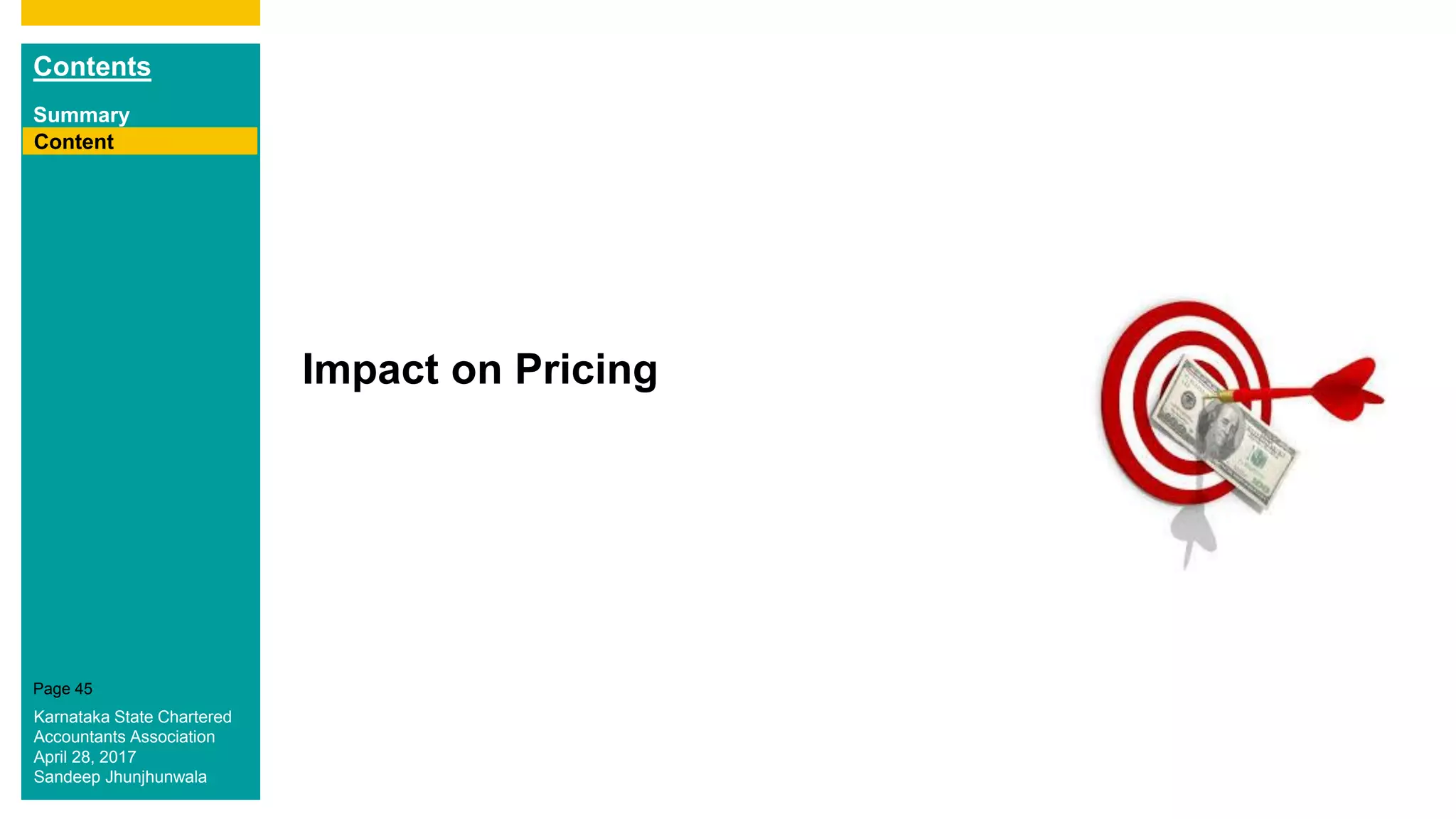 Contents
Summary
Content
Page 45
Impact on Pricing
Content
Karnataka State Chartered
Accountants Association
April 28, 2017
Sandeep Jhunjhunwala
 