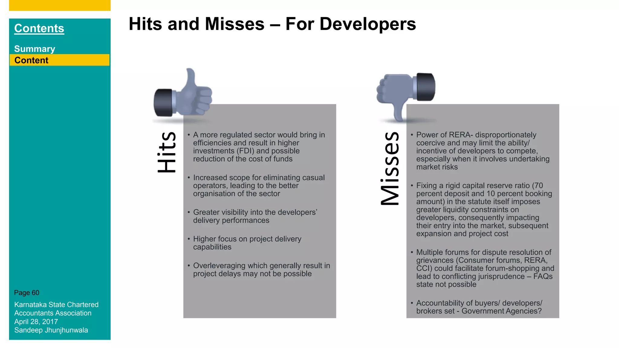 Contents
Summary
Content
Page 60
Hits and Misses – For Developers
Content
Hits
• A more regulated sector would bring in
efficiencies and result in higher
investments (FDI) and possible
reduction of the cost of funds
• Increased scope for eliminating casual
operators, leading to the better
organisation of the sector
• Greater visibility into the developers’
delivery performances
• Higher focus on project delivery
capabilities
• Overleveraging which generally result in
project delays may not be possible
Misses
• Power of RERA- disproportionately
coercive and may limit the ability/
incentive of developers to compete,
especially when it involves undertaking
market risks
• Fixing a rigid capital reserve ratio (70
percent deposit and 10 percent booking
amount) in the statute itself imposes
greater liquidity constraints on
developers, consequently impacting
their entry into the market, subsequent
expansion and project cost
• Multiple forums for dispute resolution of
grievances (Consumer forums, RERA,
CCI) could facilitate forum-shopping and
lead to conflicting jurisprudence – FAQs
state not possible
• Accountability of buyers/ developers/
brokers set - Government Agencies?
Karnataka State Chartered
Accountants Association
April 28, 2017
Sandeep Jhunjhunwala
 