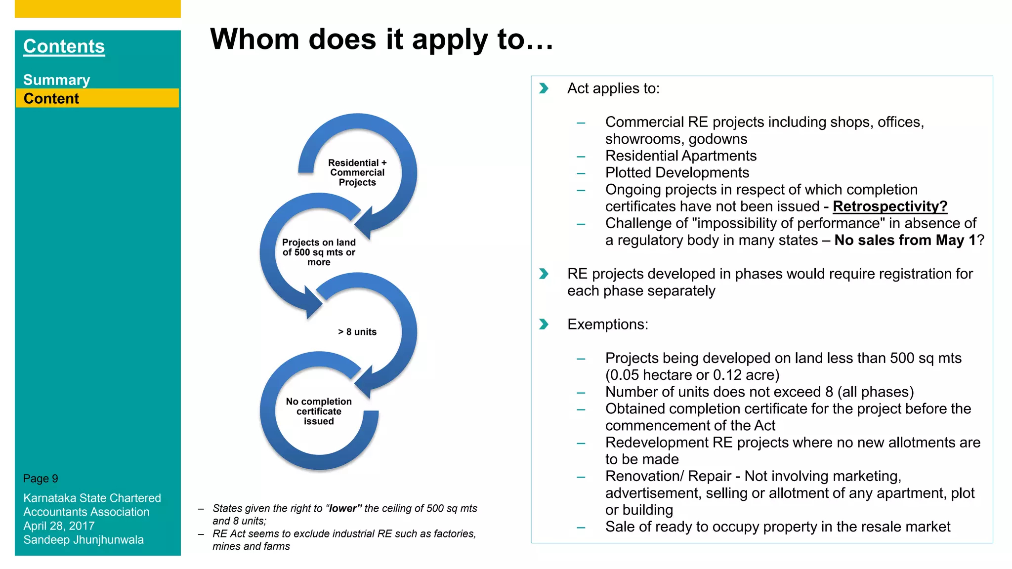 Contents
Summary
Content
Page 9
Whom does it apply to…
Content
Residential +
Commercial
Projects
Projects on land
of 500 sq mts or
more
> 8 units
No completion
certificate
issued
Act applies to:
– Commercial RE projects including shops, offices,
showrooms, godowns
– Residential Apartments
– Plotted Developments
– Ongoing projects in respect of which completion
certificates have not been issued - Retrospectivity?
– Challenge of "impossibility of performance" in absence of
a regulatory body in many states – No sales from May 1?
RE projects developed in phases would require registration for
each phase separately
Exemptions:
– Projects being developed on land less than 500 sq mts
(0.05 hectare or 0.12 acre)
– Number of units does not exceed 8 (all phases)
– Obtained completion certificate for the project before the
commencement of the Act
– Redevelopment RE projects where no new allotments are
to be made
– Renovation/ Repair - Not involving marketing,
advertisement, selling or allotment of any apartment, plot
or building
– Sale of ready to occupy property in the resale market
– States given the right to “lower” the ceiling of 500 sq mts
and 8 units;
– RE Act seems to exclude industrial RE such as factories,
mines and farms
Karnataka State Chartered
Accountants Association
April 28, 2017
Sandeep Jhunjhunwala
 