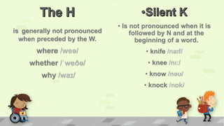 /weə/
/ˈweðə/
/waɪ/
/naıf/
/nı:/
/nəʊ/
/nɒk/
 