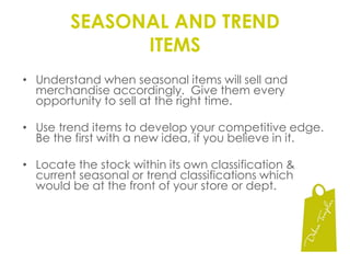 Non-Known Value LinesIncludes 98% of products you sell where the consumer doesn’t know the exact price.  They will have some perception of price bands, but they will not argue over the cents.  These products will reflect your image and should be of the highest quality.Rely on non-known value lines to promote your business (Box retailers rely on kv lines to promote their image).  Promote non-known value lines when doing product-driven promotions.