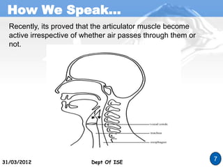 How We Speak…
Dept Of ISE
31/03/2012 Dept Of ISE
7
Recently, its proved that the articulator muscle become
active irrespective of whether air passes through them or
not.
 