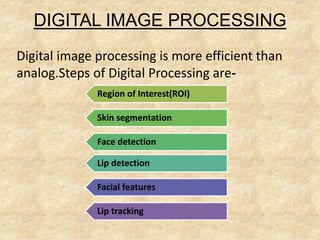 DIGITAL IMAGE PROCESSING
Digital image processing is more efficient than
analog.Steps of Digital Processing are-
Region of Interest(ROI)
Skin segmentation
Face detection
Lip detection
Facial features
Lip tracking
 