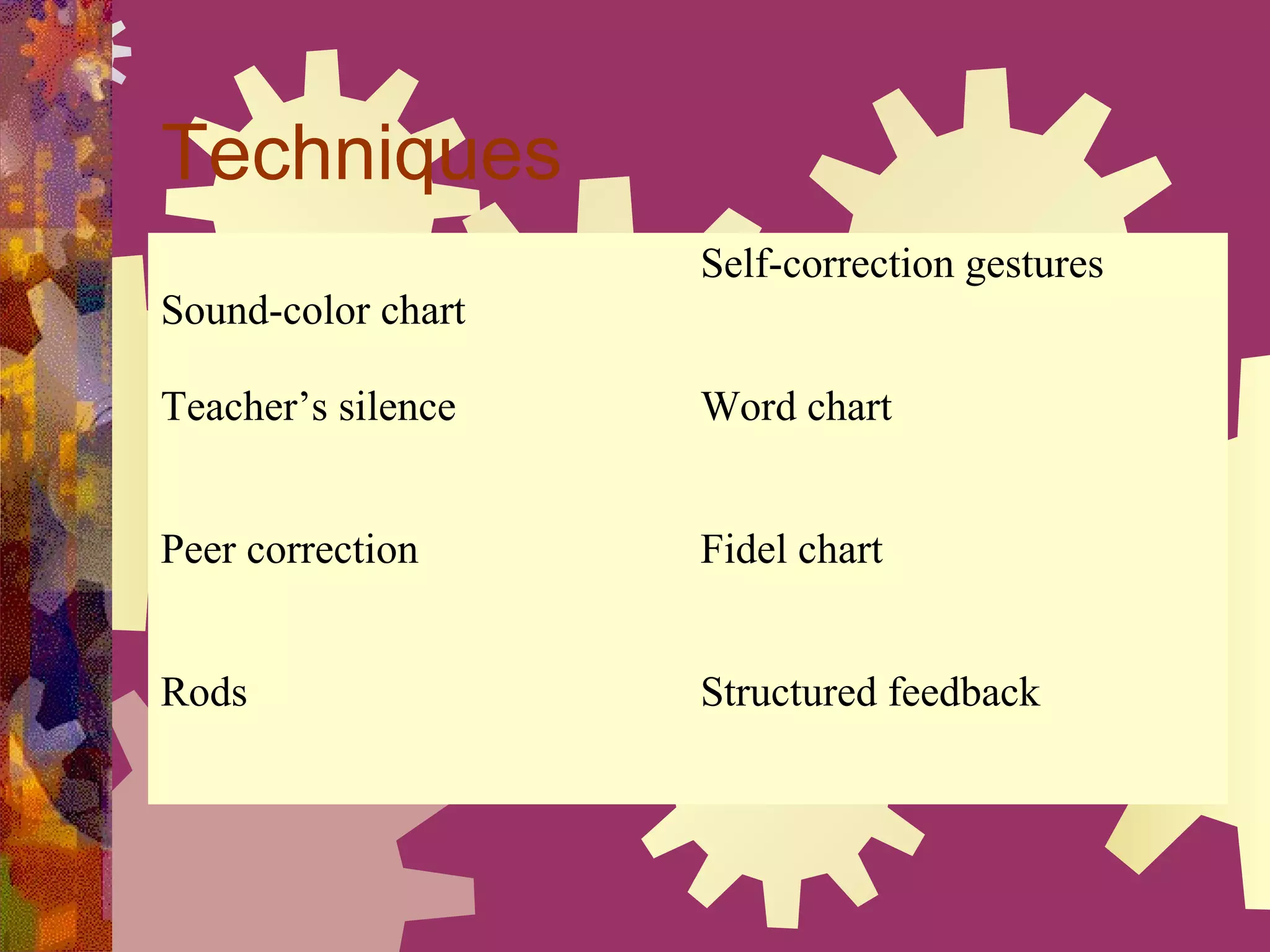 Techniques
                    Self-correction gestures
Sound-color chart

Teacher’s silence   Word chart


Peer correction     Fidel chart


Rods                Structured feedback
 