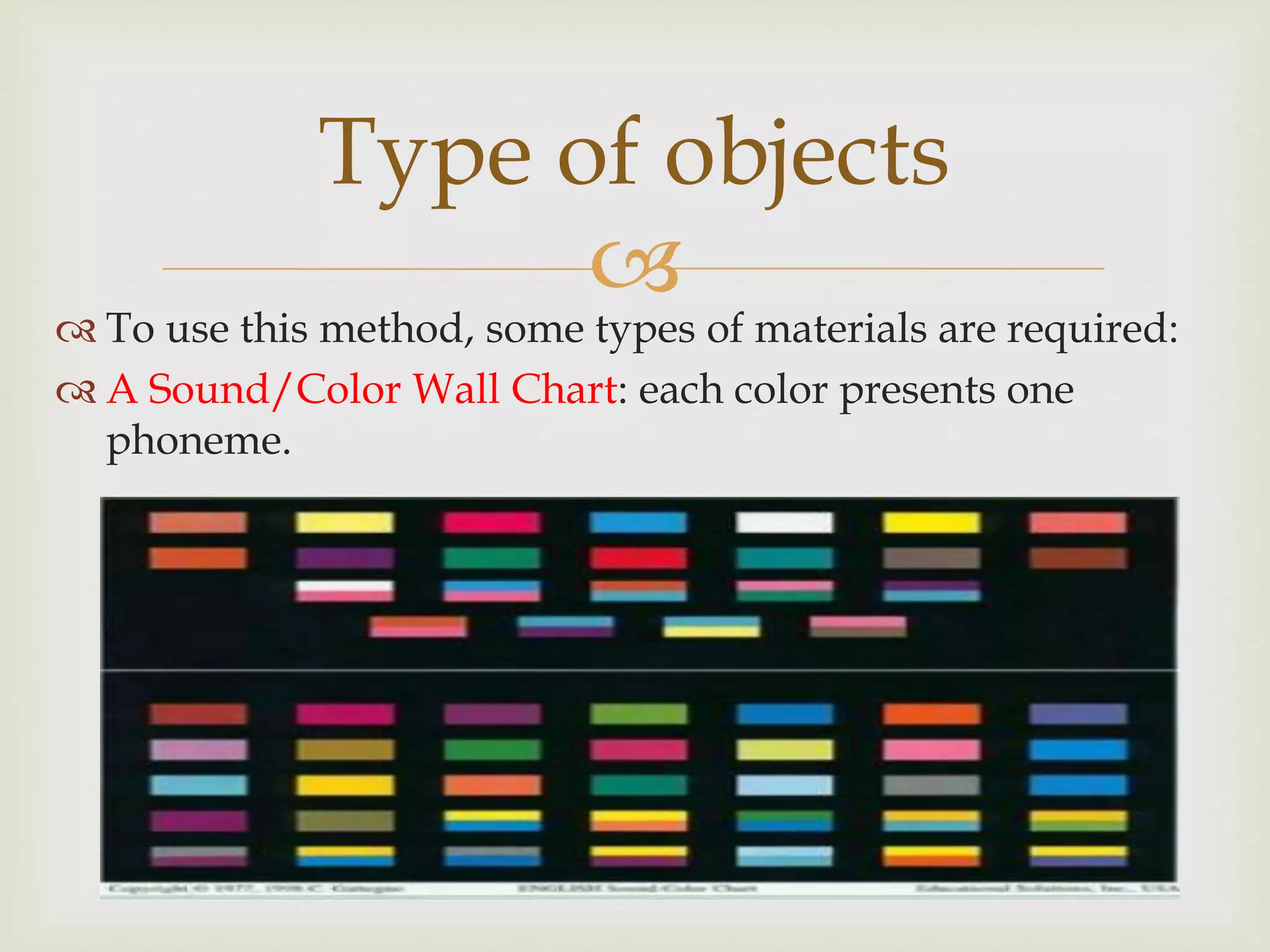 
 To use this method, some types of materials are required:
 A Sound/Color Wall Chart: each color presents one
phoneme.
Type of objects
 