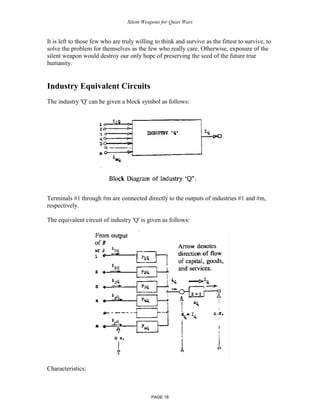 Silent Weapons for Quiet Wars

It is left to those few who are truly willing to think and survive as the fittest to survive, to
solve the problem for themselves as the few who really care. Otherwise, exposure of the
silent weapon would destroy our only hope of preserving the seed of the future true
humanity.

Industry Equivalent Circuits
The industry 'Q' can be given a block symbol as follows:

Terminals #1 through #m are connected directly to the outputs of industries #1 and #m,
respectively.
The equivalent circuit of industry 'Q' is given as follows:

Characteristics:

PAGE 18

 