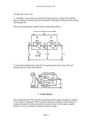Silent Weapons for Quiet Wars

All inputs are at zero volts.
A - Amplifier - causes output current IQ to be represented by a voltage EQ. Amplifier
delivers sufficient current at EQ to drive all loads Y10 through YmQ and sink all currents
i1Q through imQ.
The unit transconductance amplifier AQ is constructed as follows:

* Arrow denotes the direction of the flow of capital, goods, and services. The total
demand is given as EQ, where EQ=IQ.

The coupling network YPQ symbolizes the demand which industry Q makes on industry
P. the connective admittance YPQ is called the 'technical coefficient' of the industry Q
stating the demand of industry Q, called the industry of use, for the output in capital,
goods, or services of industry P called the industry of origin.

PAGE 19

 