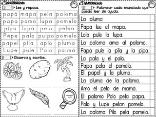 Lee y repasa.
Observa y escribe.
La pluma
Papá lee el mapa.
Lola pule la lupa.
La paloma ama al palomo.
Papá pule la pila y la pipa.
La pala y el palo.
Papá pela el pomelo.
El papel y la pluma.
La pluma de la paloma.
Amo el pelo de mamá.
El palomo Polo pela papa.
Polo y Lupe pelan pomelo.
La paloma Pilo pela pomelo.
Palomear cada enunciado que
pueda leer sin ayuda.
 