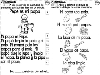 Lee y escribe la cantidad de
palabras que puedes leer en un minuto.
Pepe es mi papá
Mi papá es Pepe.
Mi papá limpia la pala y el
palo. Mi mamá pela las
papas para el mole. Mi
papá pule la lupa y limpia
el mapa, la pluma y la pipa
con el papel.
Leo _____ palabras por minuto.
4
8
15
20
25
31
38
41
Lee y colorea el dibujo se
menciona debajo de cada enunciado.
Mi papá usa pala.
Mi mamá pela papas.
La lupa de mi papá.
El mapa de papá,
La pipa limpia.
 