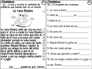 Lee y escribe la cantidad de
palabras que puedes leer en un minuto.
La rana Romina
La rana Romina salta de roca en roca
para ir al río a nadar.La rana Romina
deja su ropa en una rama que está al
lado de la roca y se pone una rueda
alrededor porque no sabe nadar.
La ranita no sabe y se cansa de tanto
patalear.¡Rápido Romina, rápido! ,le
gritan sus amigos los loros del árbol
para darle ánimos y que no se
rinda.Pronto Romina aprenderá a
nadar y con sus amigas ranitas podrá
ir a jugar.
Leo _____ palabras por minuto.
Contesta las preguntas.
4
11
20
29
38
43
52
57
62
69
74
81
83
Completa las oraciones.
1.- La rana se llama __________________________.
2.-Salta de __________________en ________________.
3.-Nada en el _______________________________.
4.-La rama está al lado de una_______________.
5.-Se pone una ______________________________.
6.-Se cansa de______________________________.
7.-¡Rápido Romina! Le gritan los ______________.
8.-Usa una rueda porque _____________________.
9.-¿Crees que aprenda a nadar?____________.
10.-Con sus amigas ranitas podrá ir a jugar si
es que Romina _________________________________.
 
