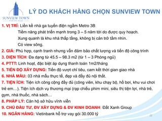 LÝ DO KHÁCH HÀNG CHỌN SUNVIEW TOWN 
22 
1. VỊ TRÍ: Liền kề nhà ga tuyến điện ngầm Metro 3B 
Tiềm năng phát triển mạnh trong 3 – 5 năm tới do được quy hoạch. 
Xung quanh là khu nhà thấp tầng, không bị cản trở tầm nhìn. 
Có view sông. 
2. GIÁ: Phù hợp, cạnh tranh nhưng vẫn đảm bảo chất lượng và tiến độ công trình 
3. DIỆN TÍCH: Đa dạng từ 45.5 – 98.3 m2 (từ 1 – 3 Phòng ngủ) 
4. PTTT: Linh hoạt, đặc biệt áp dụng thanh toán 1m2/tháng 
5. TIẾN ĐỘ XÂY DỰNG: Tiến độ vượt chỉ tiêu, cam kết thời gian giao nhà 
6. NHÀ MẪU: 03 nhà mẫu thực tế, đẹp và đầy đủ nội thất. 
7. TIỆN ÍCH: Tiện ích công cộng đầy đủ (công viên, khu chạy bộ, hồ bơi, khu vui chơi 
trẻ em…). Tiện ích dịch vụ thương mại (rạp chiếu phim mini, siêu thị tiện lợi, nhà trẻ, 
gym, nhà thuốc, nhà sách… 
8. PHÁP LÝ: Căn hộ sở hữu vĩnh viễn 
9. CHỦ ĐẦU TƯ, ĐV XÂY DỰNG & ĐV KINH DOANH: Đất Xanh Group 
10. NGÂN HÀNG: Vietinbank hỗ trợ vay gói 30.000 tỷ 
 